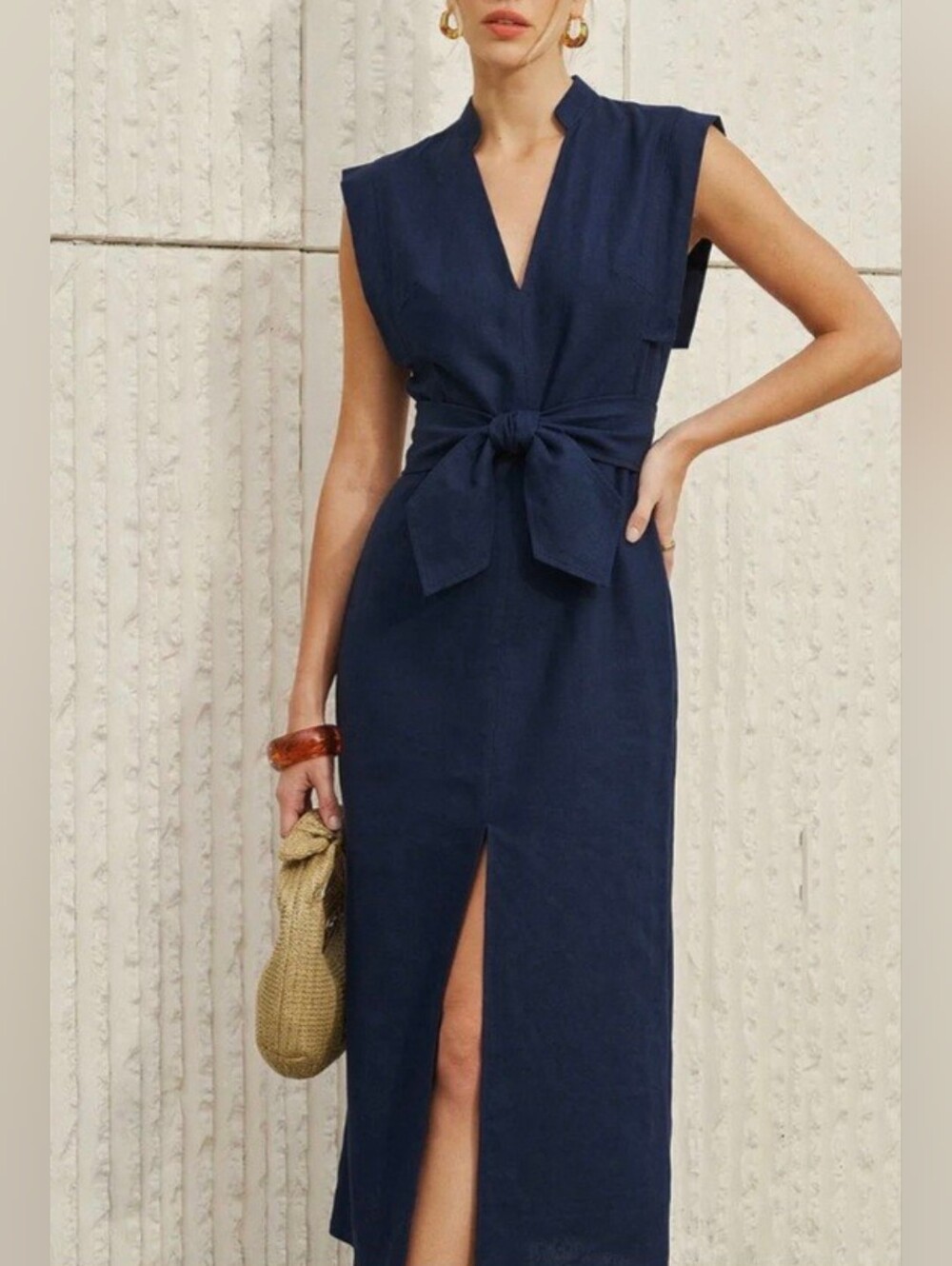 Commense Maxi Dress Sleeveless V'Neck Bow Split Cotton Linen Navy Belted S NWT